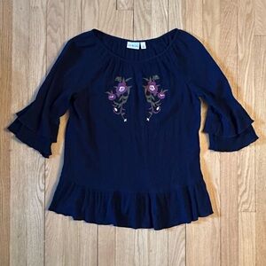 Kim Rogers 3/4 -Length Sleeve Navy Embroidered Floral Blouse, Size S